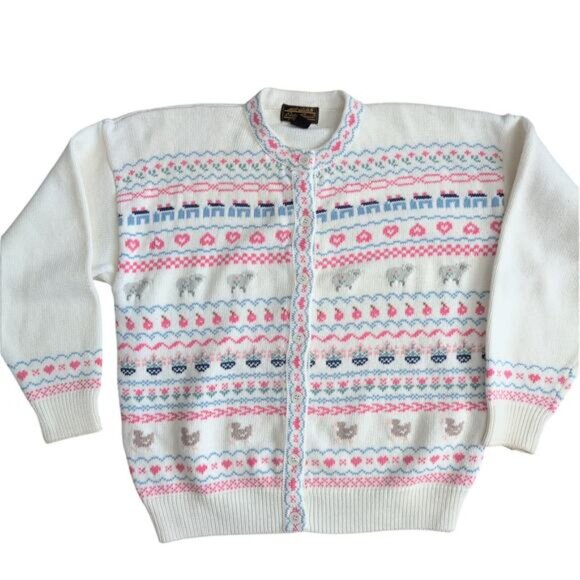 90s Eddie Bauer Cardigan Sweater Lamb Sheep Heart Duck Flower Granny Grandma L - Picture 3 of 9
